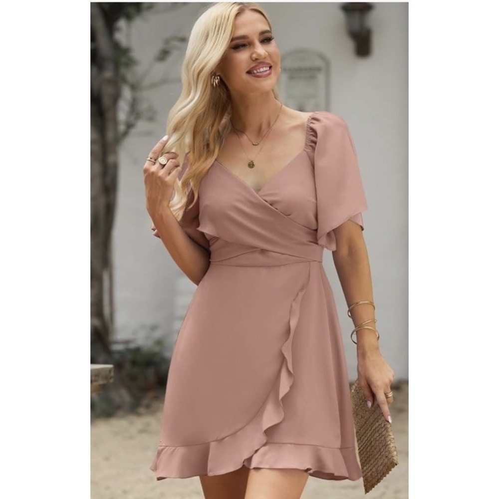 Wrap‎ Dress XL Flared Sleeve V Neck Smocked Pink Casual Ruffle Flowy Mini Dress
